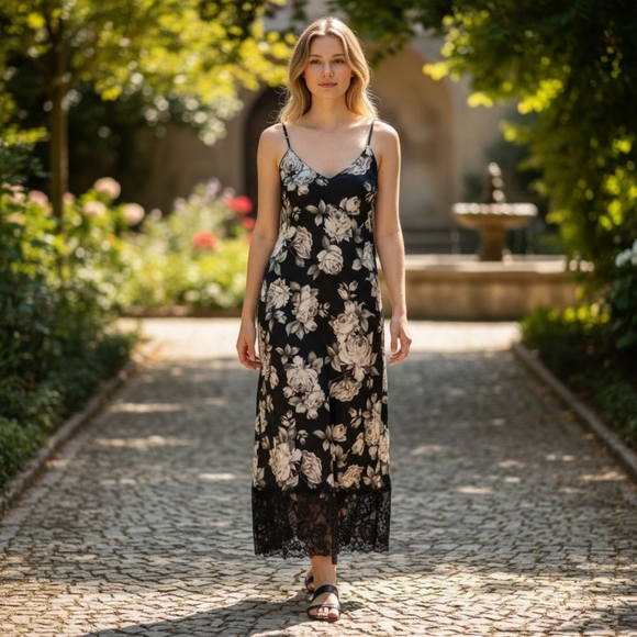 Sienna Sky Dresses & Skirts - Sienna Sky Black Cream Floral Spaghetti String with Lace Midi Sexy  Slip Dress L